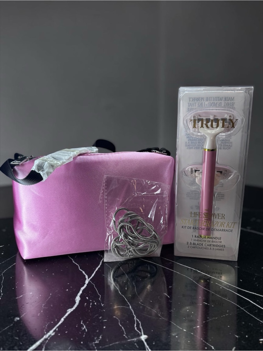 TRULY Pink LifeSaver Razor Kit with Pink Satin shoulder Bag with 2 straps